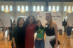 Professor Kim, Mari Calderon Gonzalez, Arielle Lack-Zell, and Aude Baert at the 2025 Wesleyan Psychology Department Poster Session